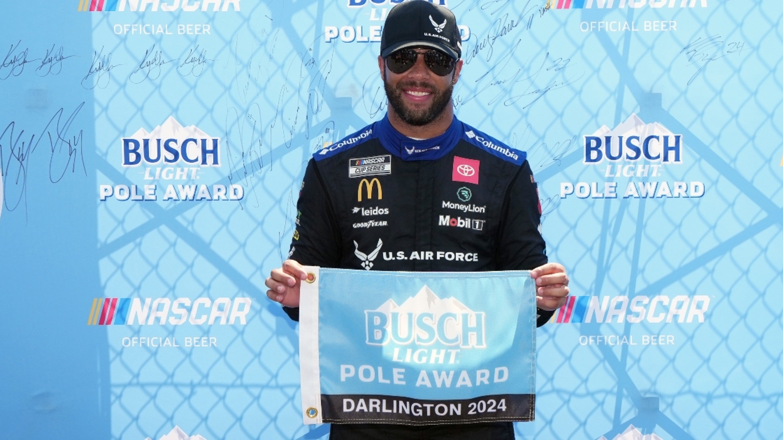 Bubba Wallace reacts to winning Southern 500 pole at Darlington